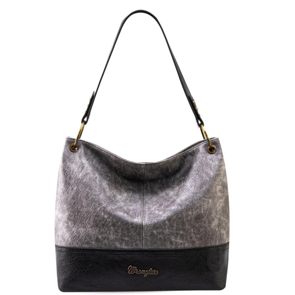 Wrangler Distressed Two-Tone Western Boho Hobo Shoulder Bag Grey Black Womens